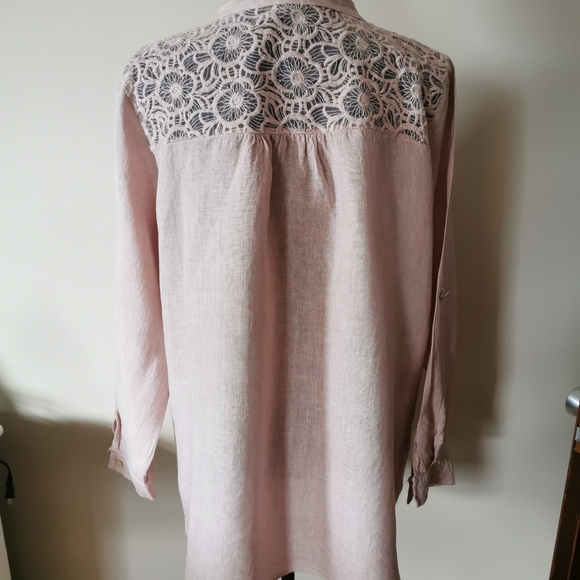 M Made In Italy Pink Linen Lace Shirt Size Medium - Picture 3 of 7